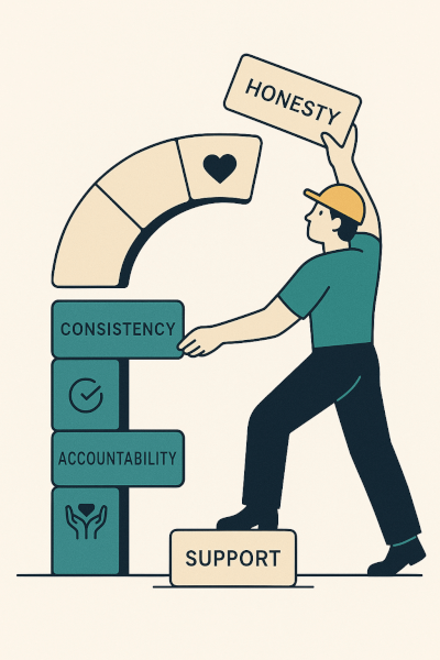 Building a Foundation of Unbreakable Trust A modern and clean illustration of a strong, minimalist arch being built brick by brick. Each brick has a simple icon or word representing a component of trust: 'Consistency', 'Honesty', 'Accountability', 'Support'. The overall image feels stable and foundational. The style uses clean lines and a simple color palette, conveying a sense of reliability and strength.