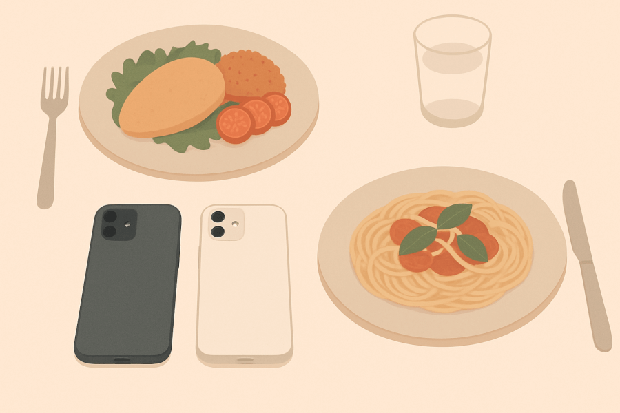 Setting Digital Boundaries for a Stronger Connection A modern and clean flat lay illustration showing two smartphones placed face down on a dinner table next to two plates of food. The focus is on the intentional act of putting technology away to be present with a partner. The aesthetic is minimalist and uncluttered, emphasizing the space created for connection. The color scheme is soft and inviting.