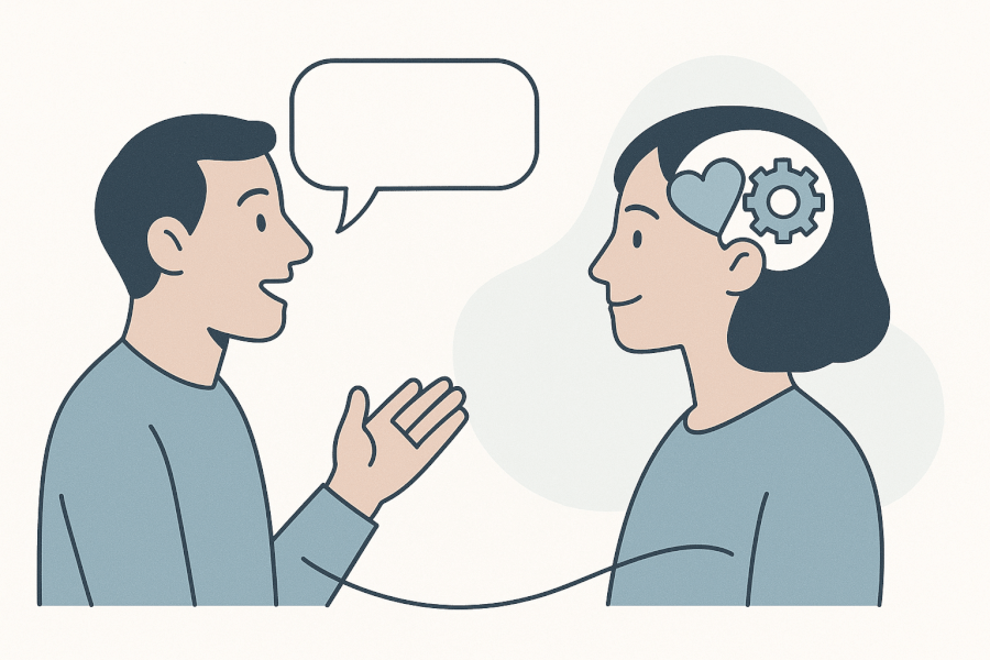 The Art of Active Listening in a Relationship A modern and clean illustration depicting the concept of active listening. On one side, a person is speaking with a simple speech bubble. On the other side, a person is listening intently, with icons of a heart and a gear inside their head, symbolizing empathy and understanding. The two are connected by a clean, flowing line, representing a clear channel of communication. The style is minimalist with a simple color palette of soft blues, grays, and white space.