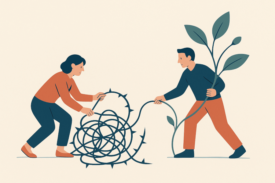 Turning Conflict into Connection with a Growth Mindset A modern and clean conceptual illustration showing two figures working together to untangle a thorny, complex vine. As the vine is untangled, it transforms into a simple, elegant plant with new leaves and buds, symbolizing growth and connection emerging from conflict. The image conveys a hopeful and collaborative mood, using a simple and clean aesthetic.