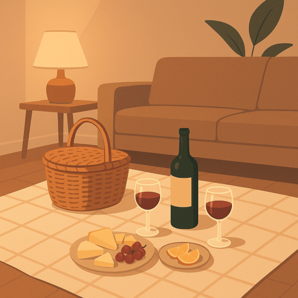 A Cozy and Creative Indoor Picnic Surprise Illustration of a romantic indoor picnic setup with a blanket, wicker basket, wine, and cheese on a living room floor, showing a cozy at-home surprise.