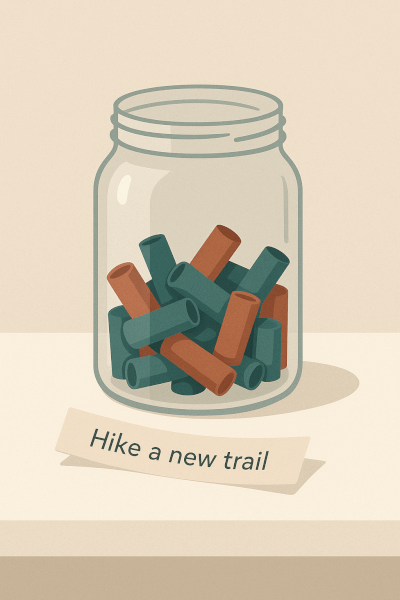 A modern and clean illustration of a simple glass jar on a minimalist surface. The jar is half-full of small, rolled-up slips of paper in muted colors like deep teal and terracotta. One slip of paper is unrolled next to the jar, with the words 'Hike a new trail' written on it in a simple, clean font. The style is flat design with subtle shadows for depth.