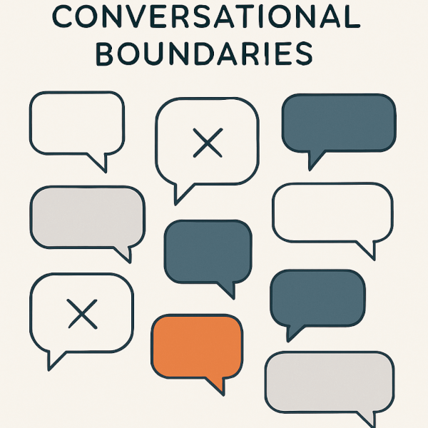 A modern and clean illustration about conversational boundaries. The image features a collection of stylized speech bubbles. A few select bubbles, representing sensitive topics, are marked with a simple, elegant 'X' or are filled with a solid contrasting color, symbolizing topics to 'table for later'. The overall composition is balanced and uncluttered.