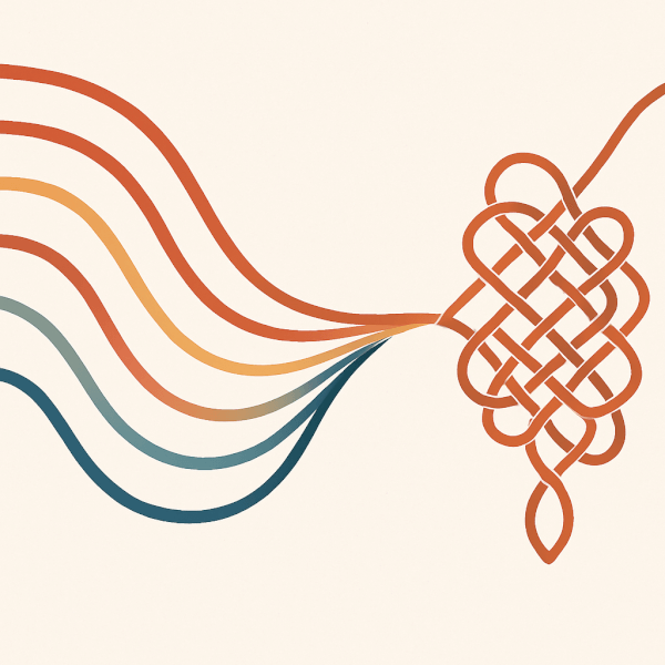 A modern and clean abstract illustration visualizing 'conversational threading.' The image shows several flowing, colored lines on one side. One of these lines is elegantly pulled out and woven into an intricate, beautiful pattern on the other side, symbolizing how picking up on a detail can create a rich, layered conversation. The color palette is harmonious and sophisticated against a minimalist background.
