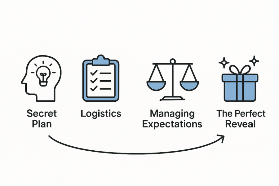 The Four Steps to a Flawless Surprise Infographic showing the four steps to a flawless surprise: an icon of a lightbulb for planning, a checklist for logistics, scales for managing expectations, and a gift box for the reveal.
