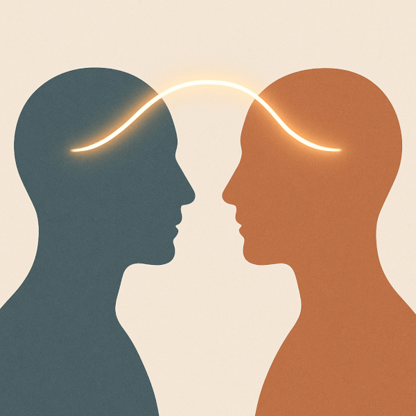 A modern and clean abstract illustration. Two simple, stylized human head silhouettes face each other. A single, elegant, glowing line forms a bridge between them, symbolizing a deep connection being formed through conversation. The background is a soft, neutral color. The color palette is calming and sophisticated.
