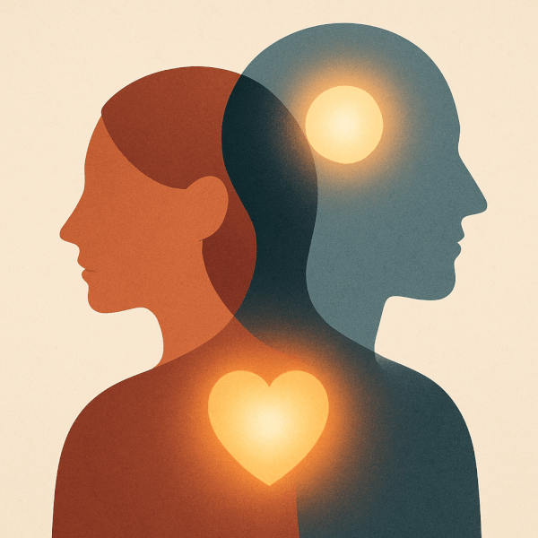 The Science of Connection Through Surprises Abstract illustration of two overlapping human profiles with a glowing light connecting them, symbolizing the science of connection through surprises.