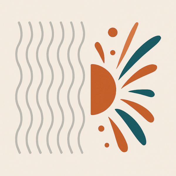 A modern and clean abstract illustration symbolizing the science of relationship excitement. The image features a series of muted, uniform gray lines on one side, representing routine, that are dramatically interrupted by a vibrant, energetic burst of warm terracotta and deep teal shapes on the other side. The overall feel is minimalist, sophisticated, and hopeful.