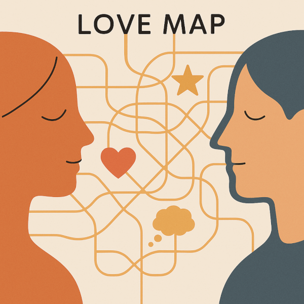 A modern & clean illustration depicting the concept of a 'Love Map'. Two minimalist, abstract human profiles face each other. Between them, intricate, map-like lines connect simple icons representing memories, dreams, and emotions (a small heart, a star, a thought bubble). The overall aesthetic is uncluttered and symbolic, with a warm and inviting color palette.