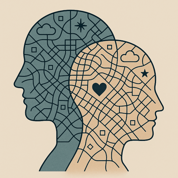 Visualizing the Gottman Institute's Love Maps Concept Abstract illustration of the Love Maps concept, showing two overlapping head silhouettes filled with intricate, map-like lines symbolizing memories and dreams.