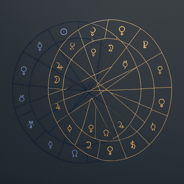 A highly detailed abstract digital rendering of two overlapping astrological natal charts showing interlocking energies.