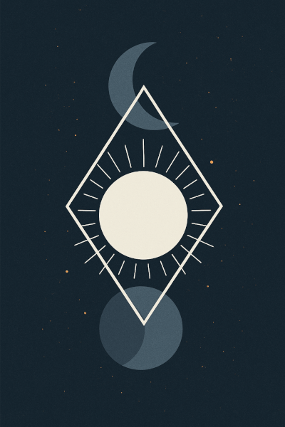 A Modern & Clean, abstract digital illustration. Three distinct celestial spheres representing the Sun, Moon, and Rising Sign, arranged vertically to show hierarchy.