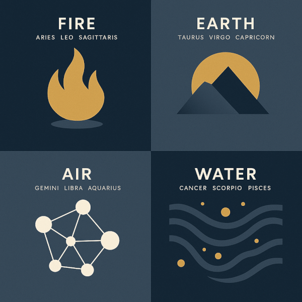 Conceptual illustration split into four labeled quadrants representing the four zodiac elements (Fire, Earth, Air, Water) showing their approach to handling heartbreak.