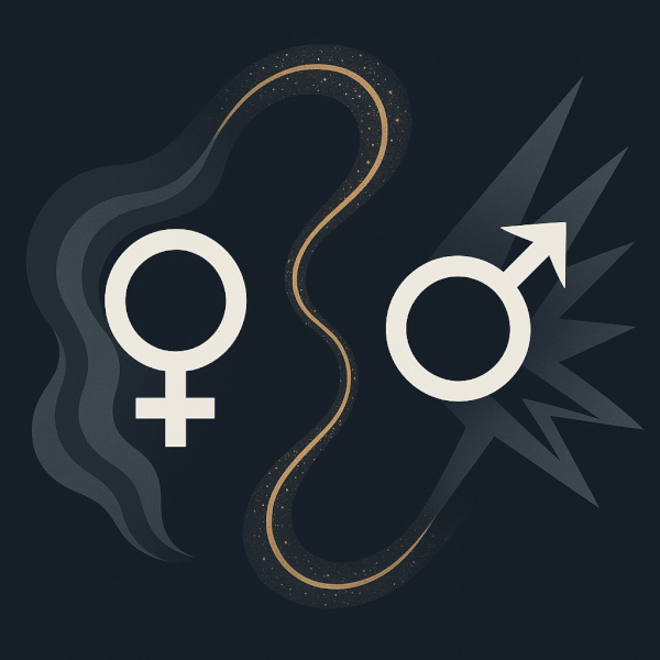 A Modern & Clean graphic illustration showing the dynamic tension between the planetary symbols for Venus and Mars.